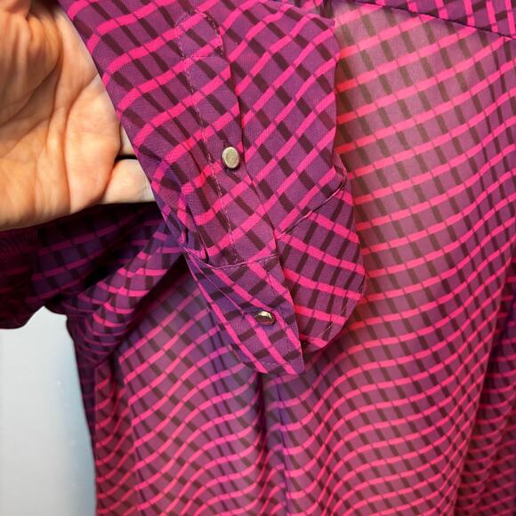 Liz Claiborne Vibrant Purple Pink Sheer Button Up Blouse Cross Plaid Large - Picture 7 of 8